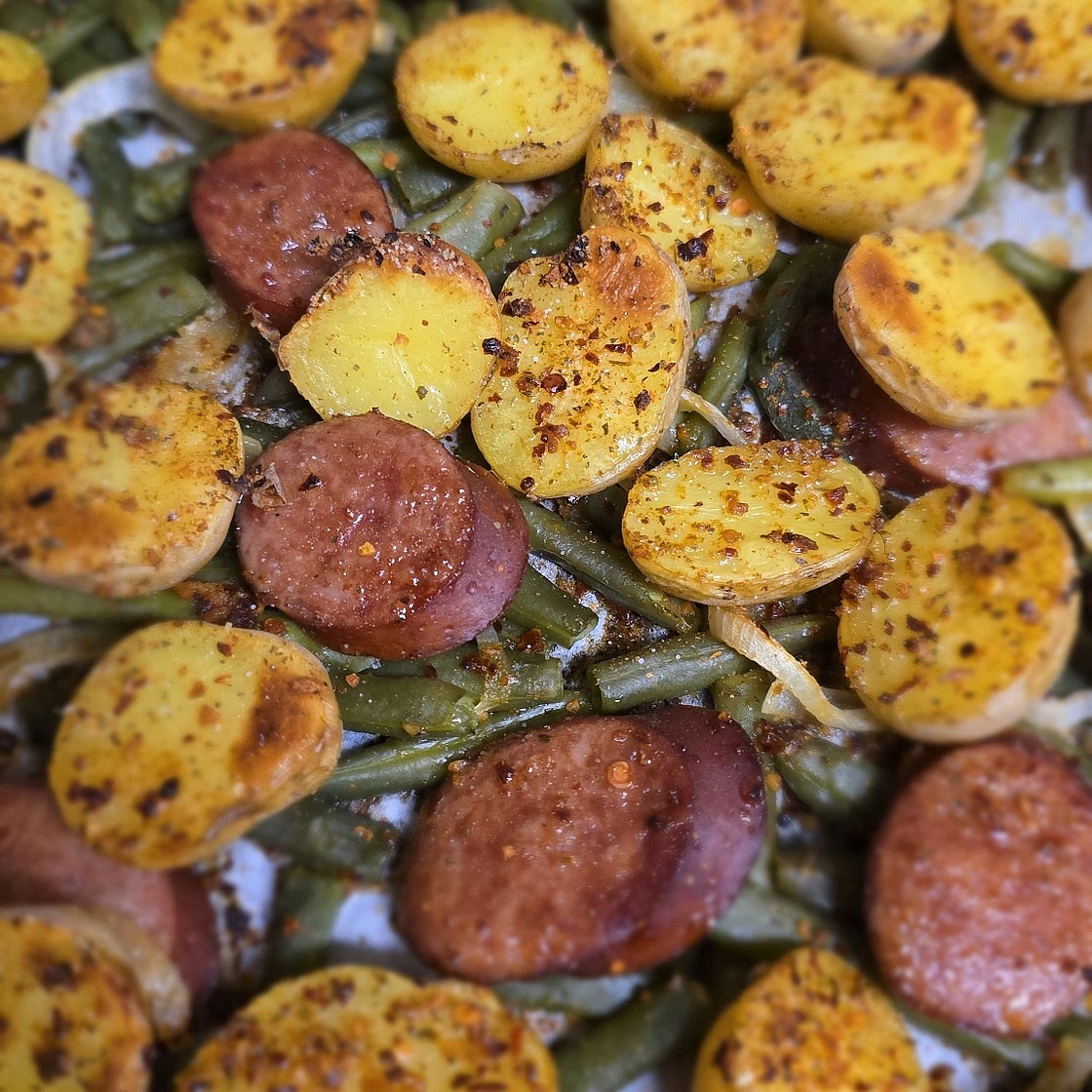 Sheet Pan Kielbasa Potatoes and Green Beans