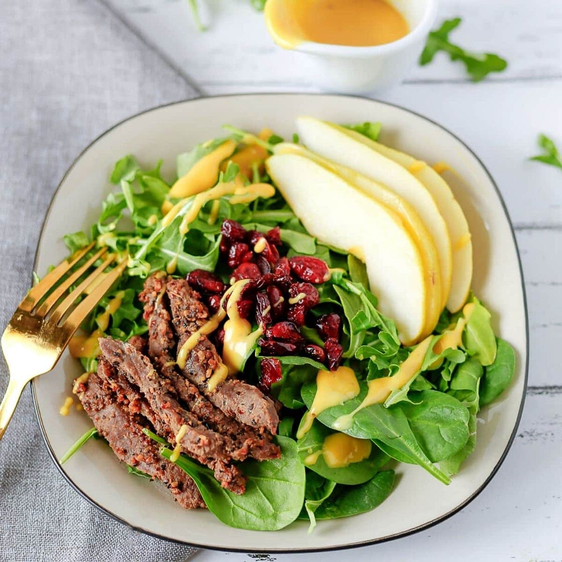 Montreal Steak and Pear Salad with Honey Mustard Dressing