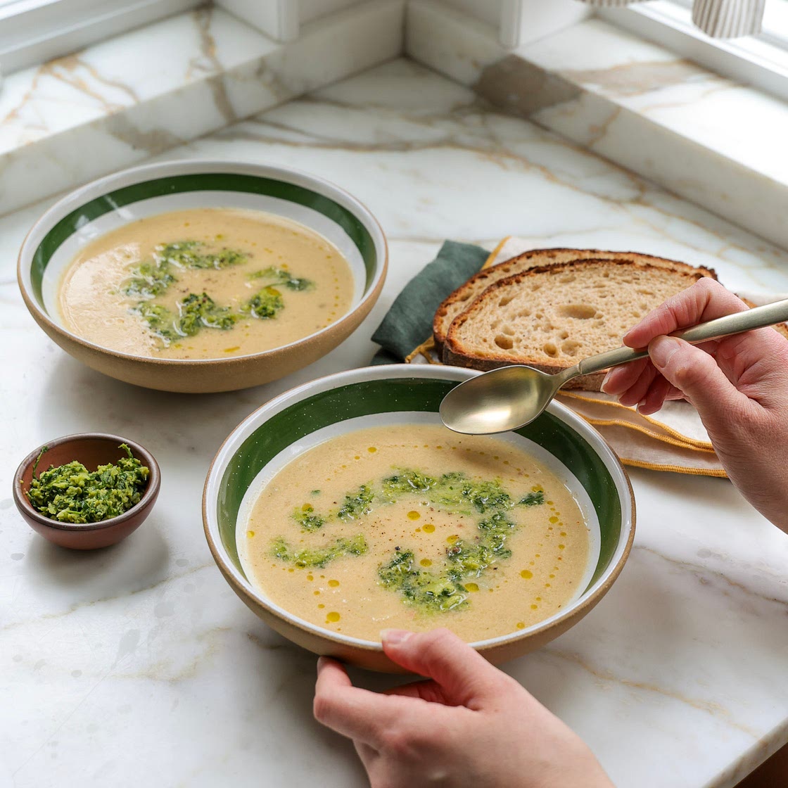 Cauliflower Soup with Green Olive Salsa Verde