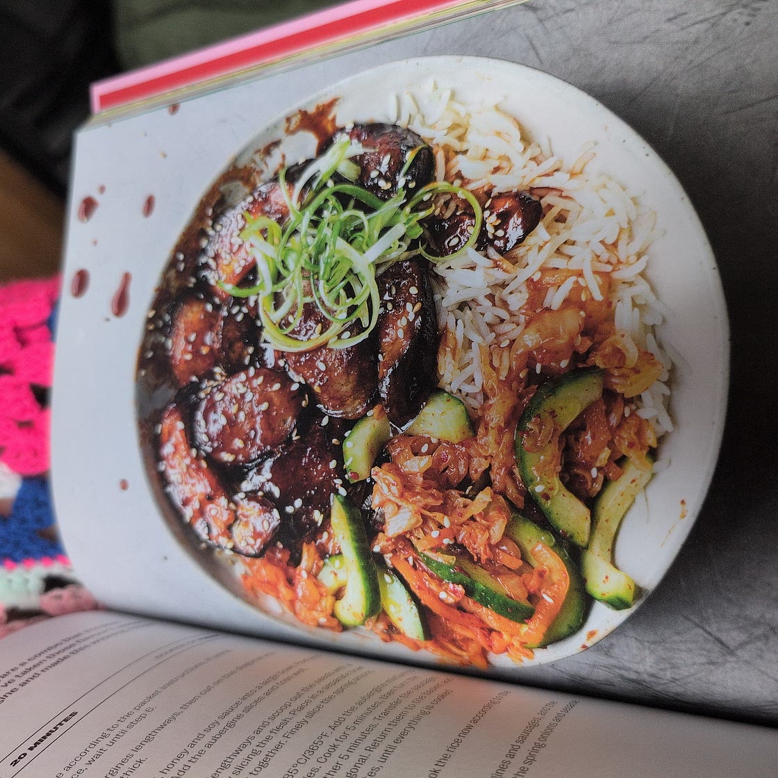 Sticky Gochujang aubergine and sausage