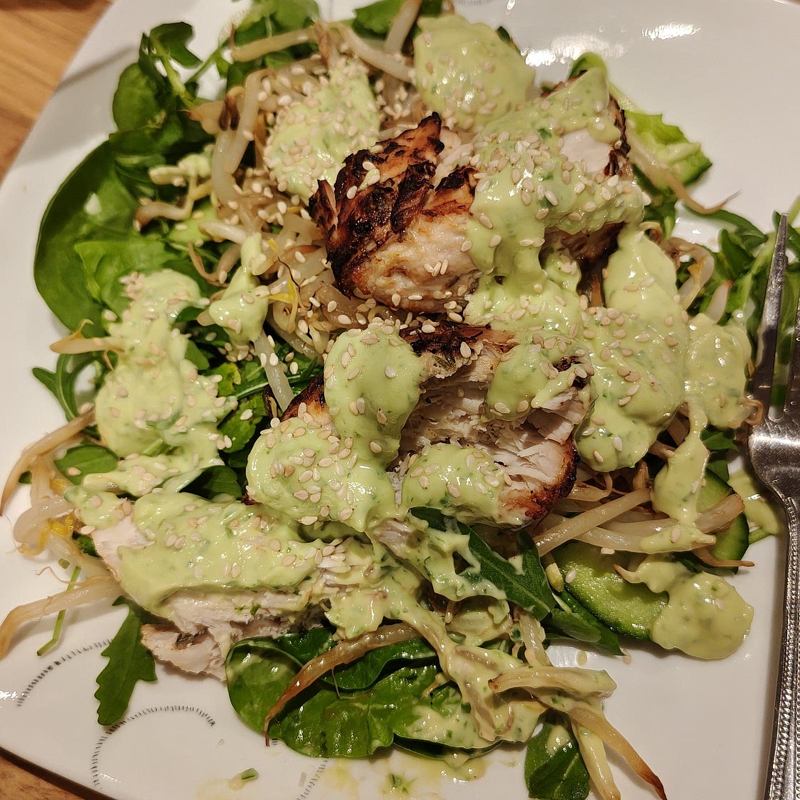 Grilled chicken salad with avocado dressing