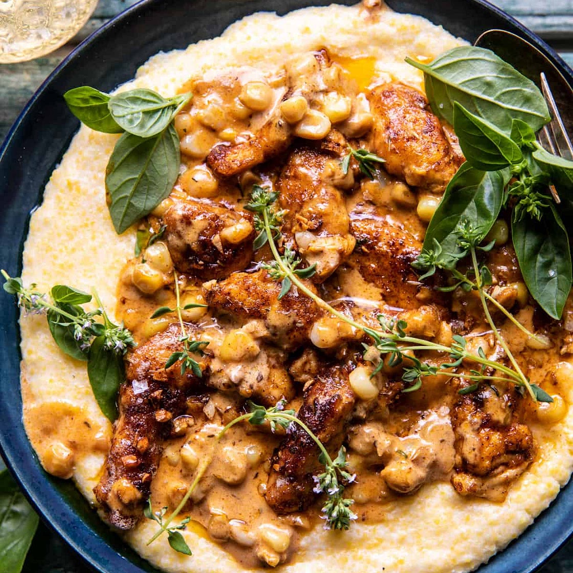 Creamy Garlic Corn Chicken with Cheesy Polenta