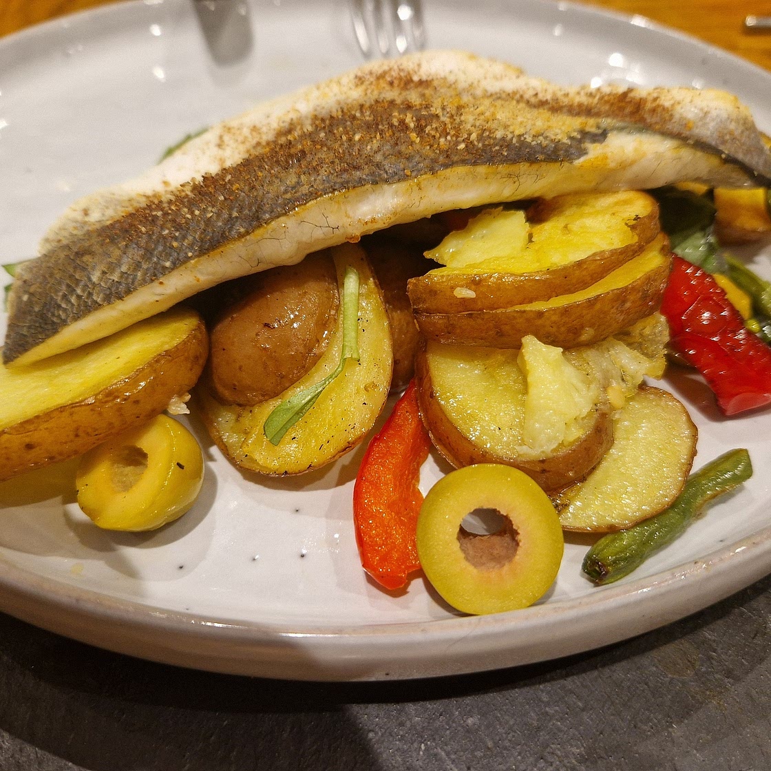 Roast sea bass & vegetable traybake