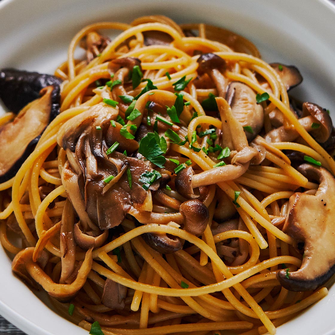 Butter Shoyu Pasta with Japanese Mushrooms