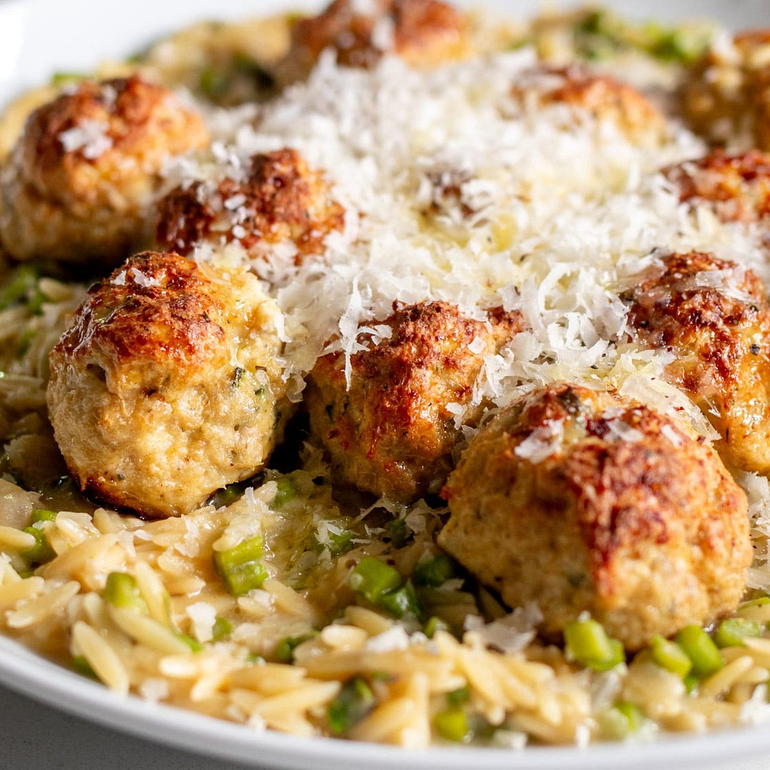 Lemony Boursin Chicken Meatballs with Cheesy Asparagus Orzo
