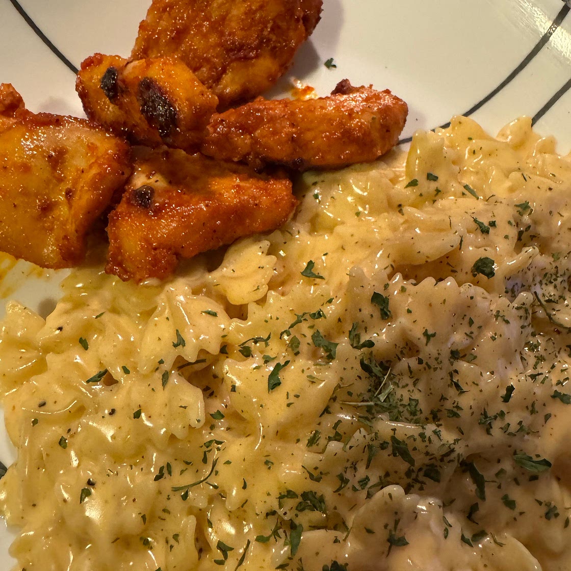 Cheesy chicken pasta with mozzarella garlic sauce 