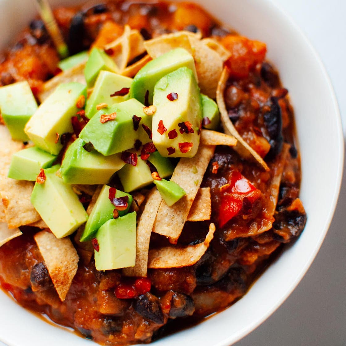 Vegetarian Butternut Squash Chipotle Chili with Avocado
