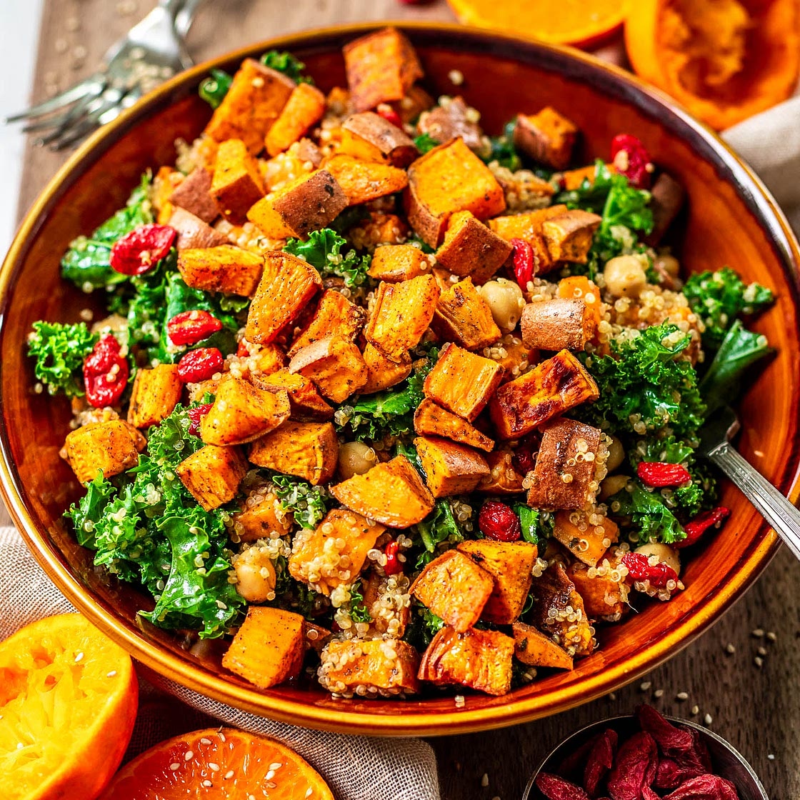 Kale Salad with Chickpea, Quinoa, and Roasted Sweet Potato