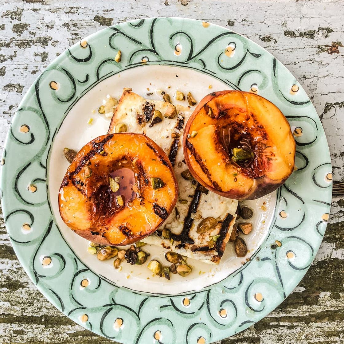 Paneer & Peaches with Honey Syrup and Pistachios