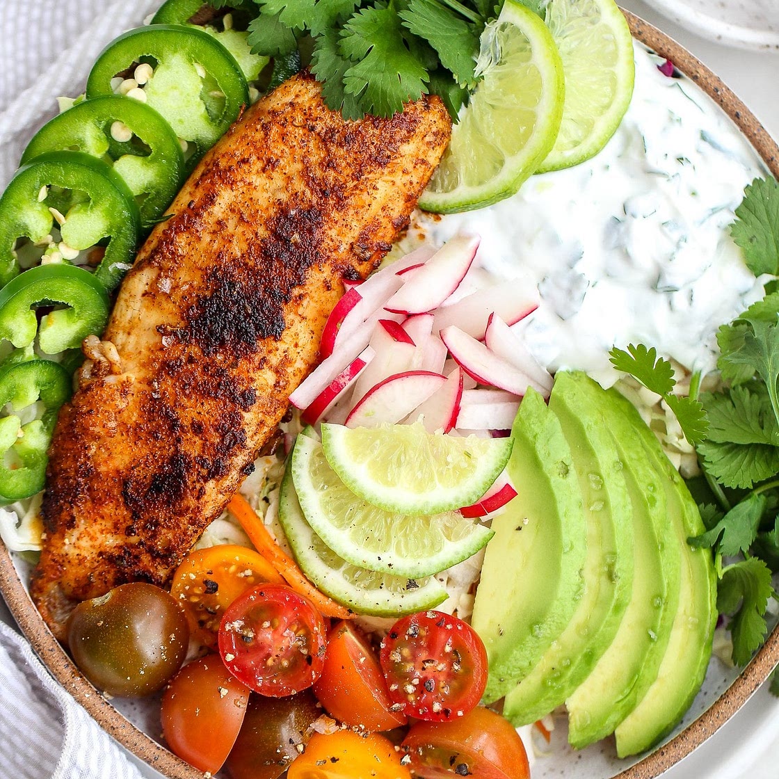 Fish Taco Bowls with Cilantro Lime Cream Sauce