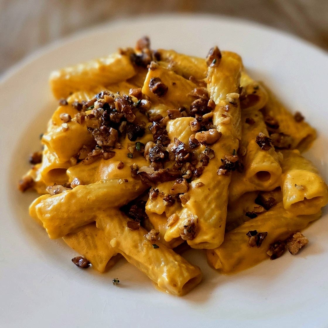 Pumpkin Rigatoni with Rosemary Walnut Crispies