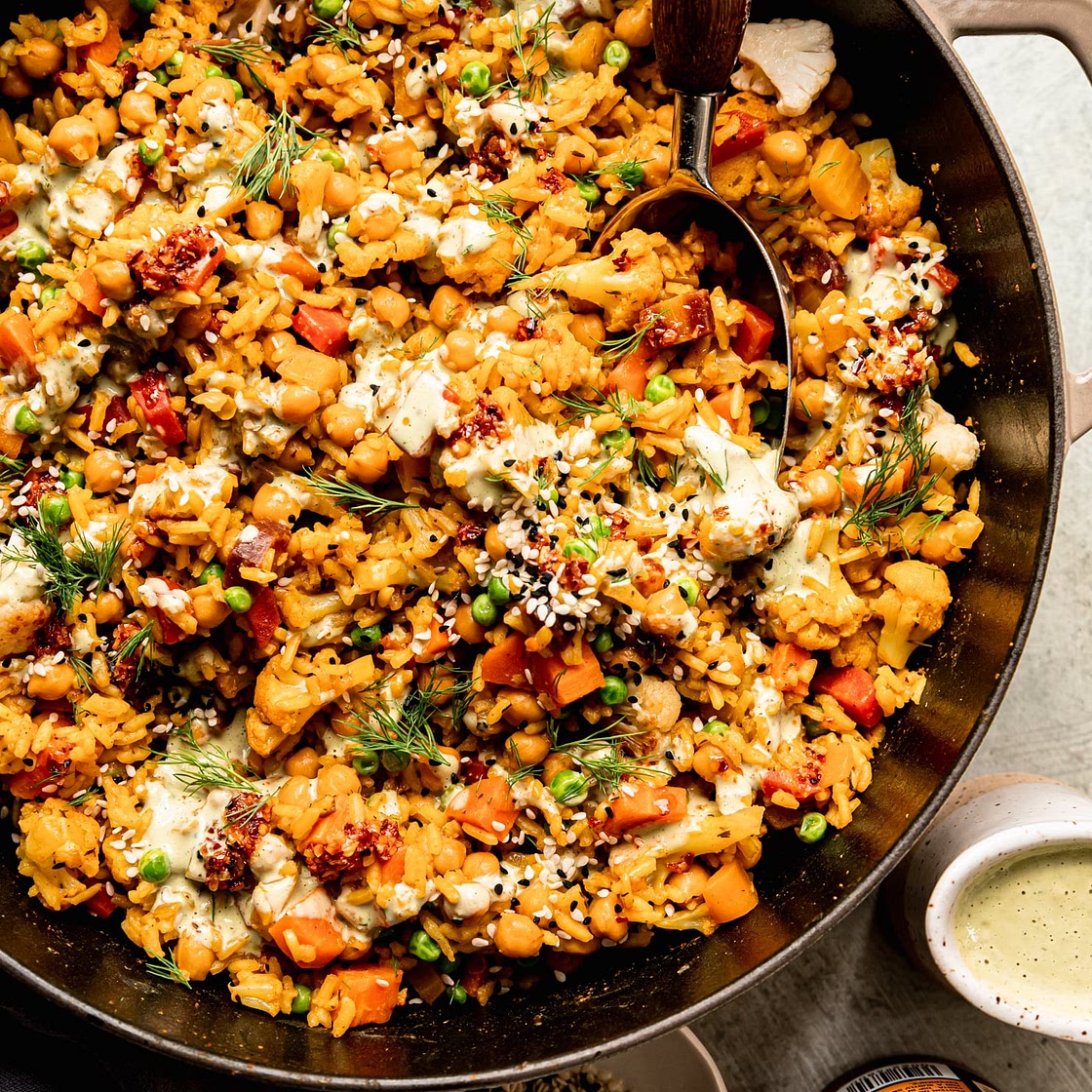 One-Pot Rice and Veggies with Chickpeas & Dilly Tahini