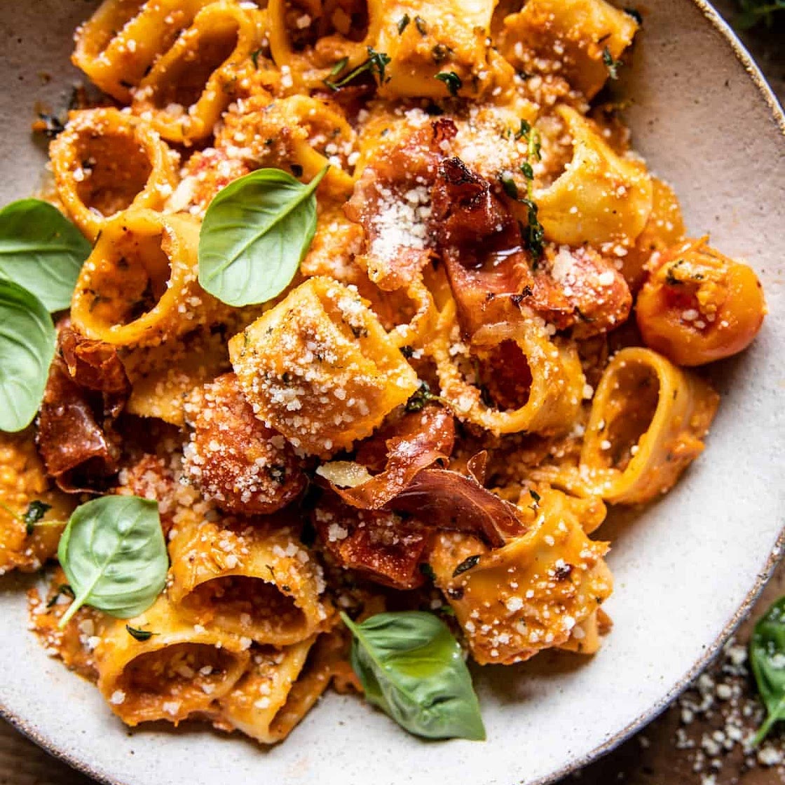 Creamy Roasted Tomato Ricotta Pasta with Crispy Prosciutto