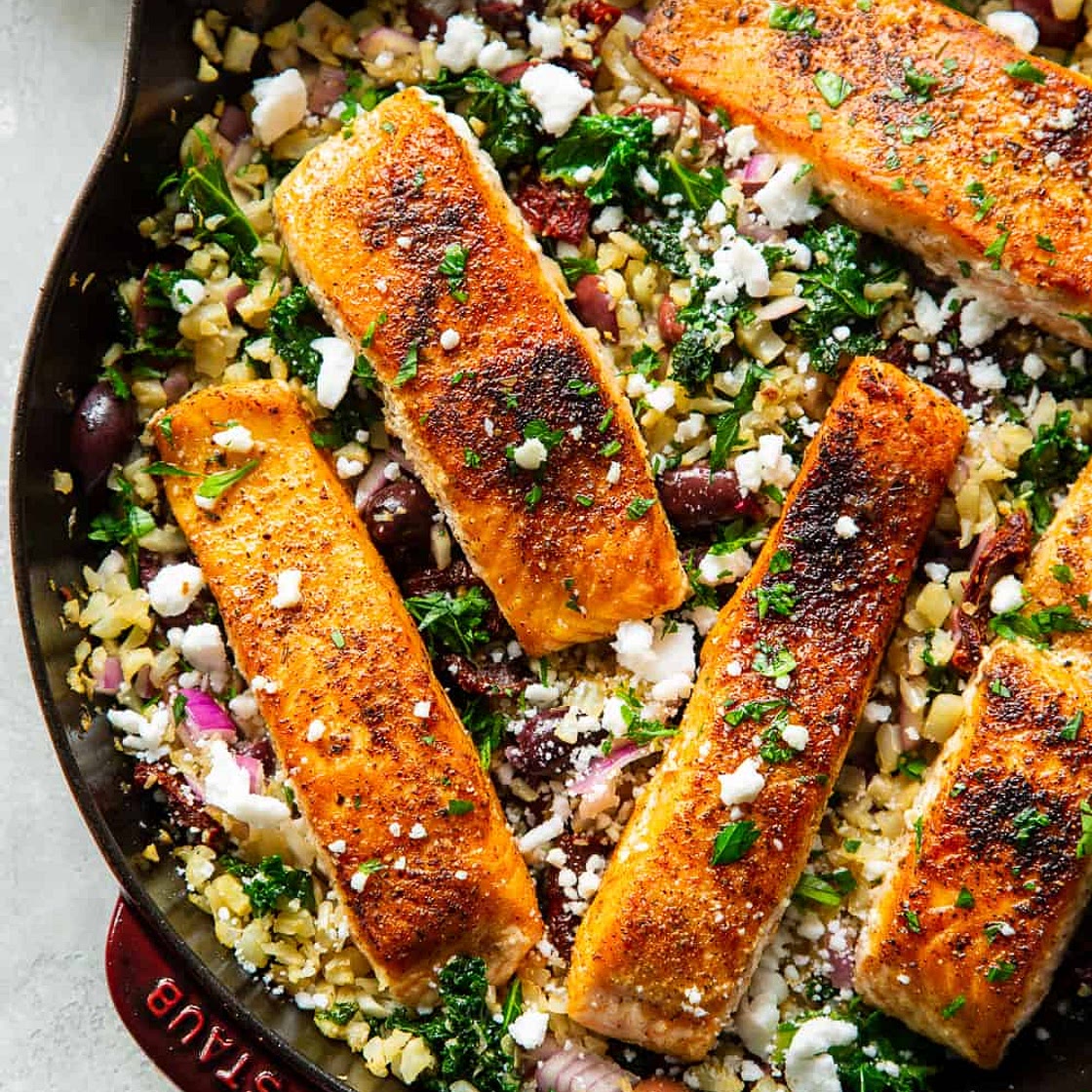 One Skillet Greek Salmon {Paleo, Whole30}