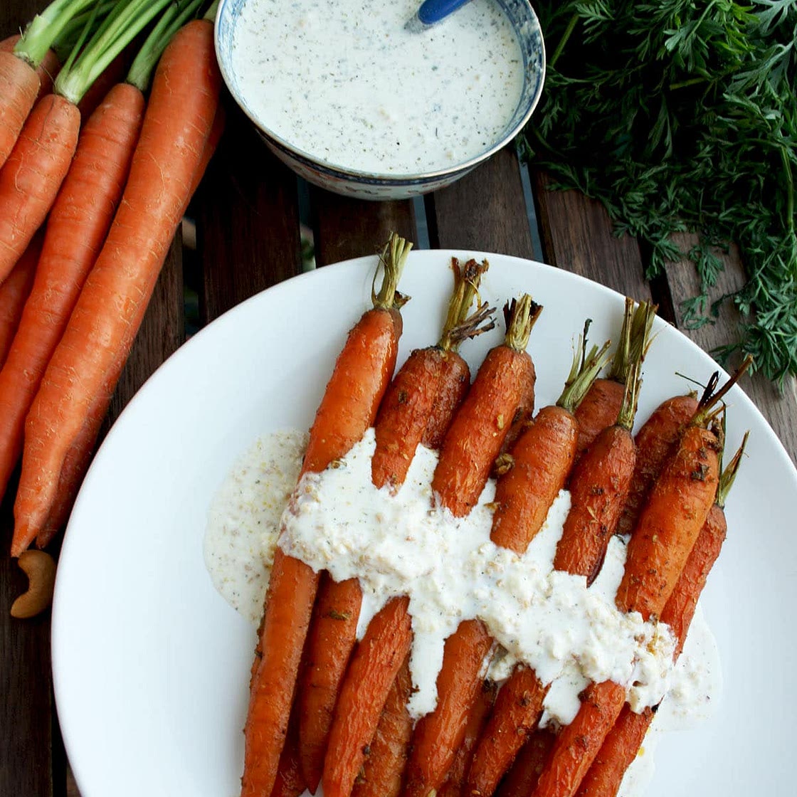 Roasted Carrots with Indian Spices and Cashew Feta Dip