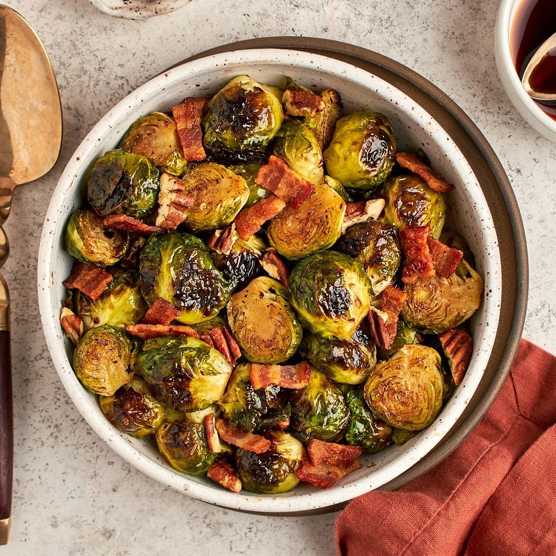Roasted Brussels Sprouts with Bacon, Pecans & Maple Syrup