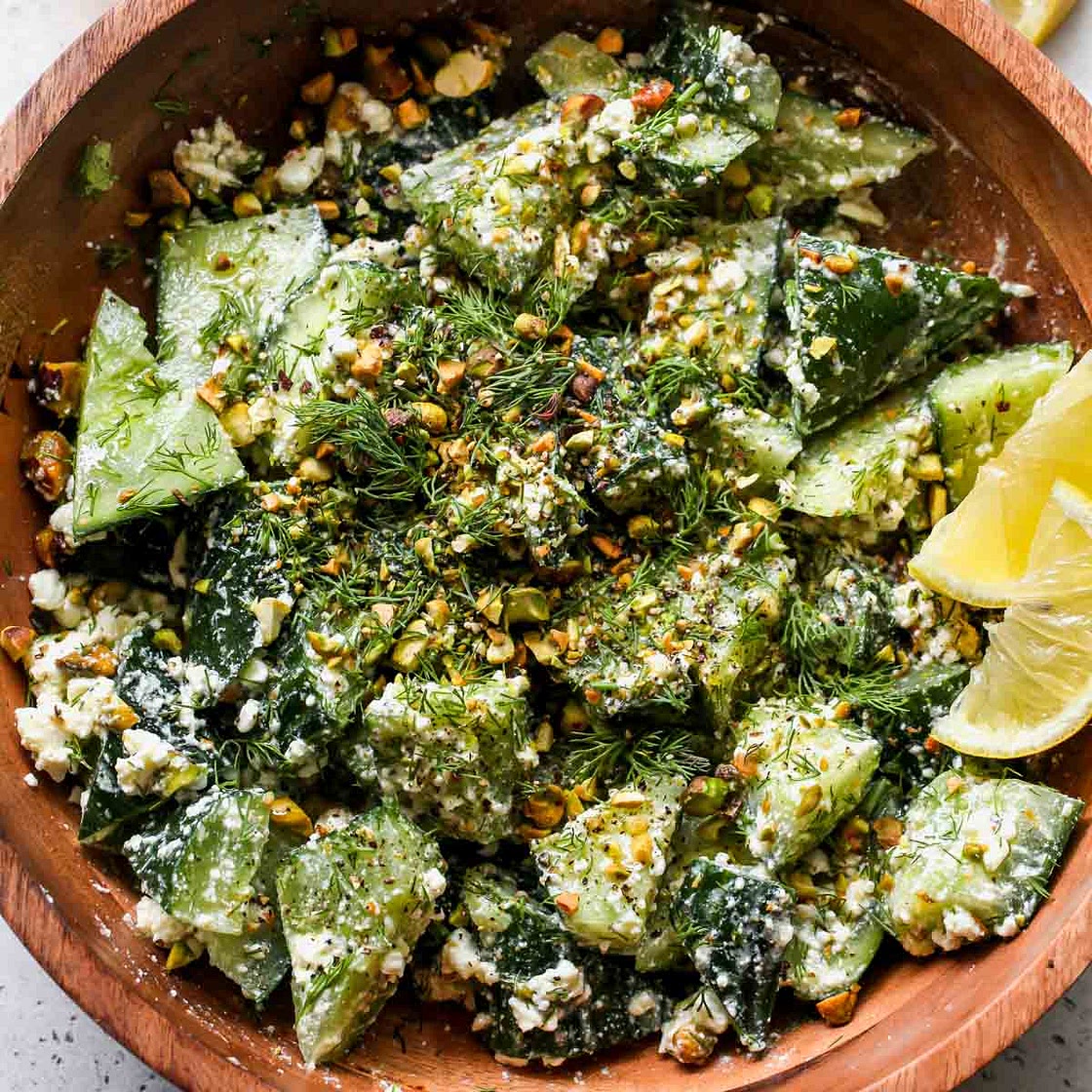 Smashed Cucumber Salad with Feta-Dill Dressing and Pistachios