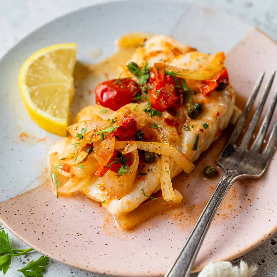 Baked Cod With Roasted Tomatoes and Lemon