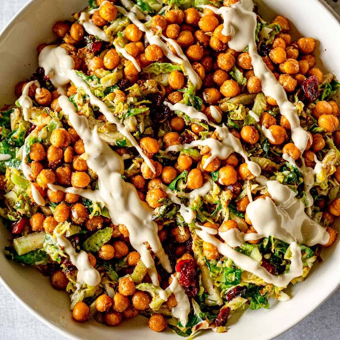 Shaved Brussels Sprouts Salad with Chickpeas and Lemon Tahini Dressing
