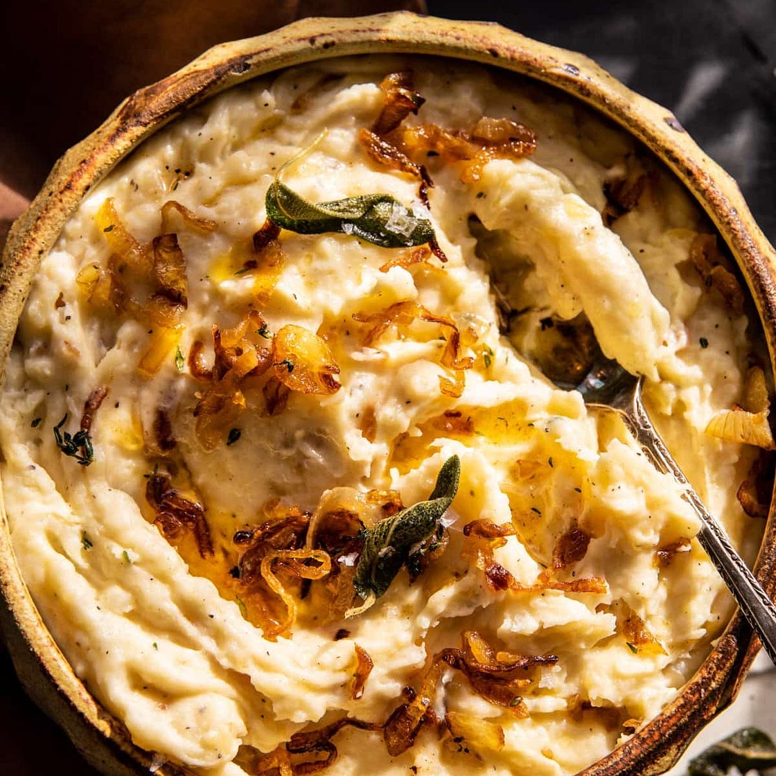 Crockpot Cheesy Mashed Potatoes with Caramelized Onions
