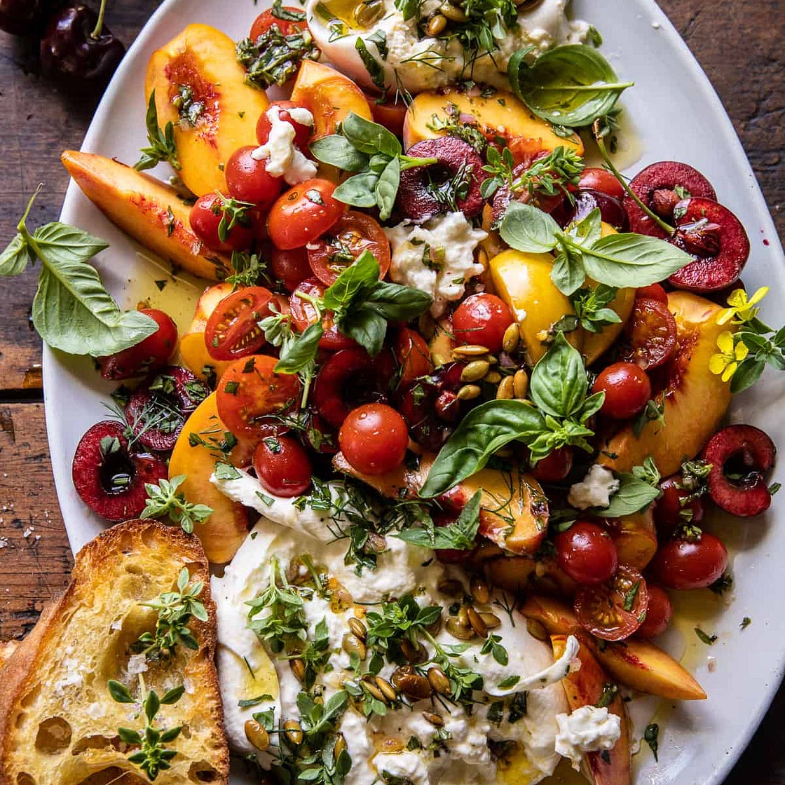 Tomato, Peach, and Burrata Salad