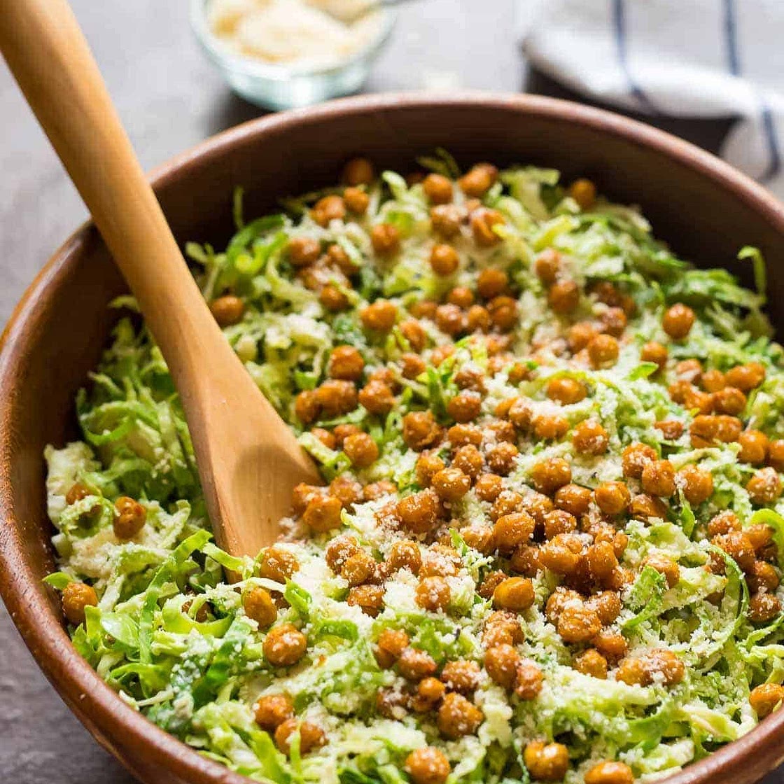 Caesar Shaved Brussels Sprouts Salad with Crispy Chickpea Croutons