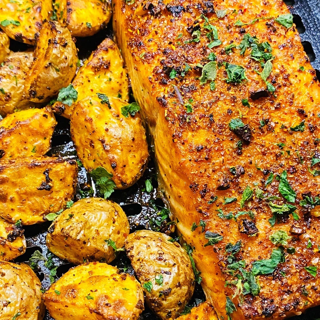 Air Fryer BBQ Salmon and Potatoes