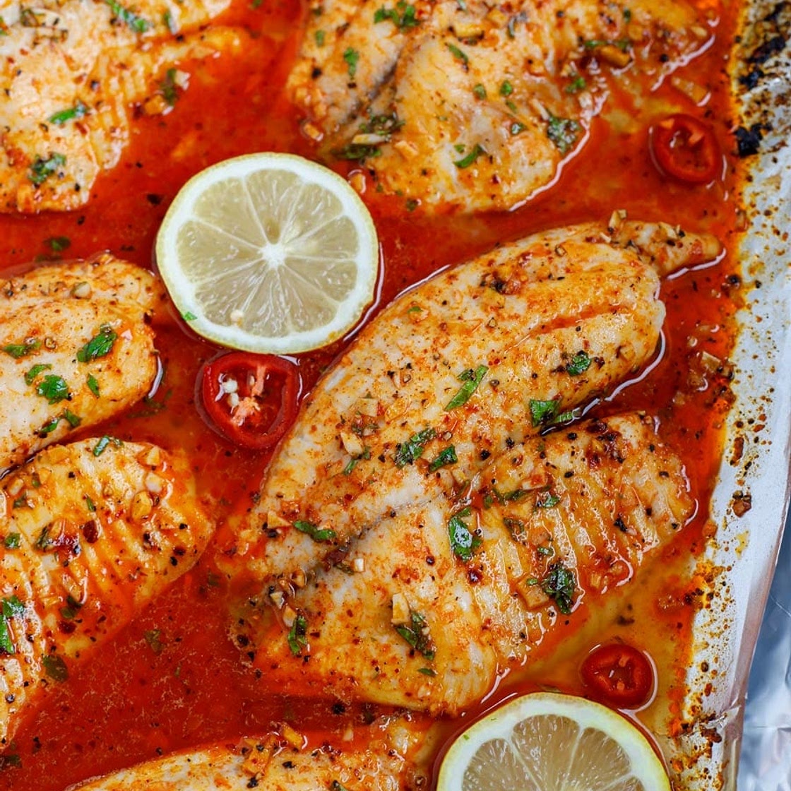 Spicy Lemon Garlic Baked Tilapia