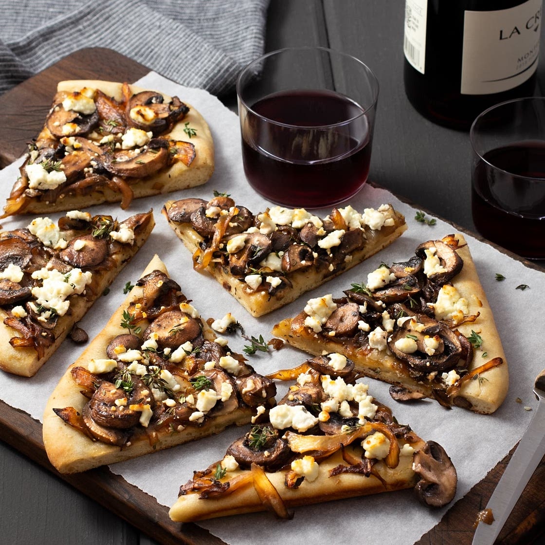 Mushroom, Caramelized Onion, and Goat Cheese Pizza Flatbread