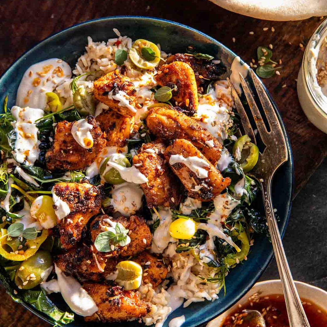 Greek Chicken Bowls with Creamy Tahini Feta Sauce