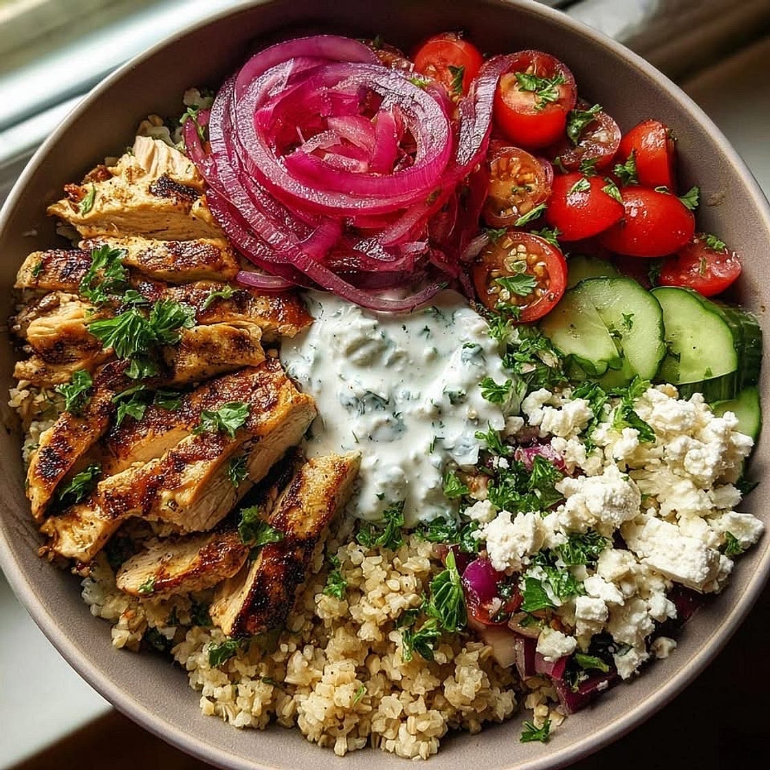 BOL MÉDITERRANÉEN AU POULET, FETA ET TZATZIKI