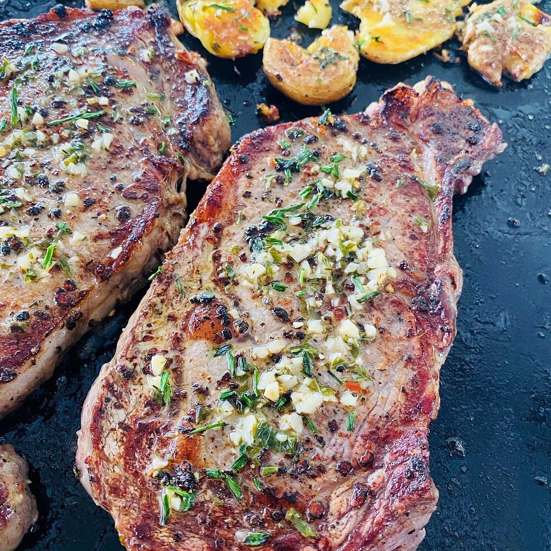 Blackstone Steak and Smashed Potatoes