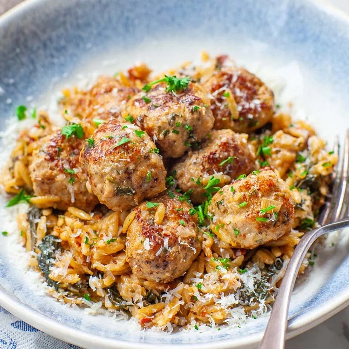 Creamy Tuscan Turkey Meatballs with Orzo Pasta (video)