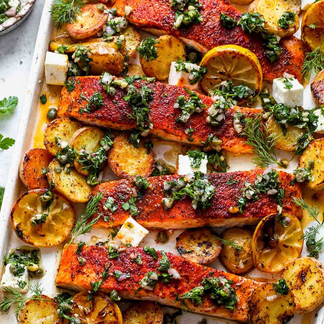 Sheet Pan Salmon and Potatoes with Caper Chimichurri