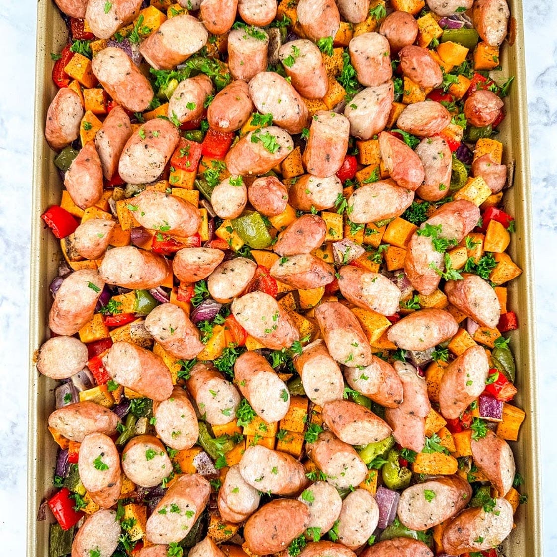 Easy Oven Baked Sausage and Peppers with Sweet Potatoes