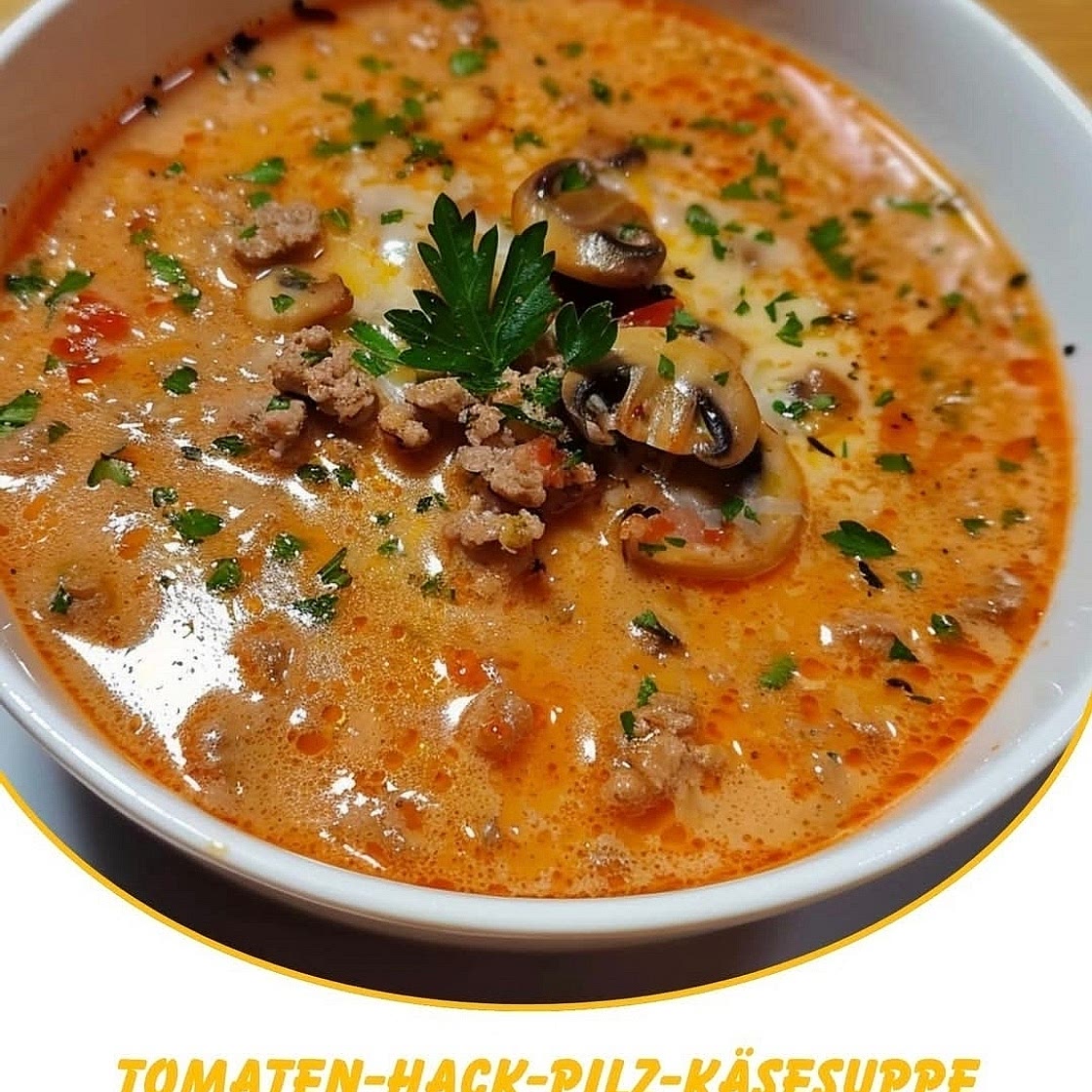 Tomaten-Hack-Pilz-Käsesuppe