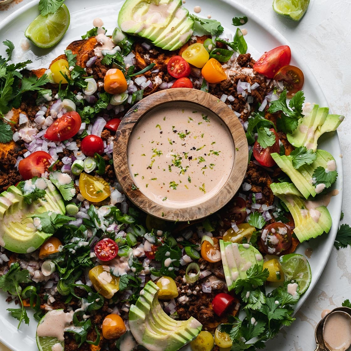 Loaded Sweet Potato Nachos with Greek Yogurt Chipotle Crema