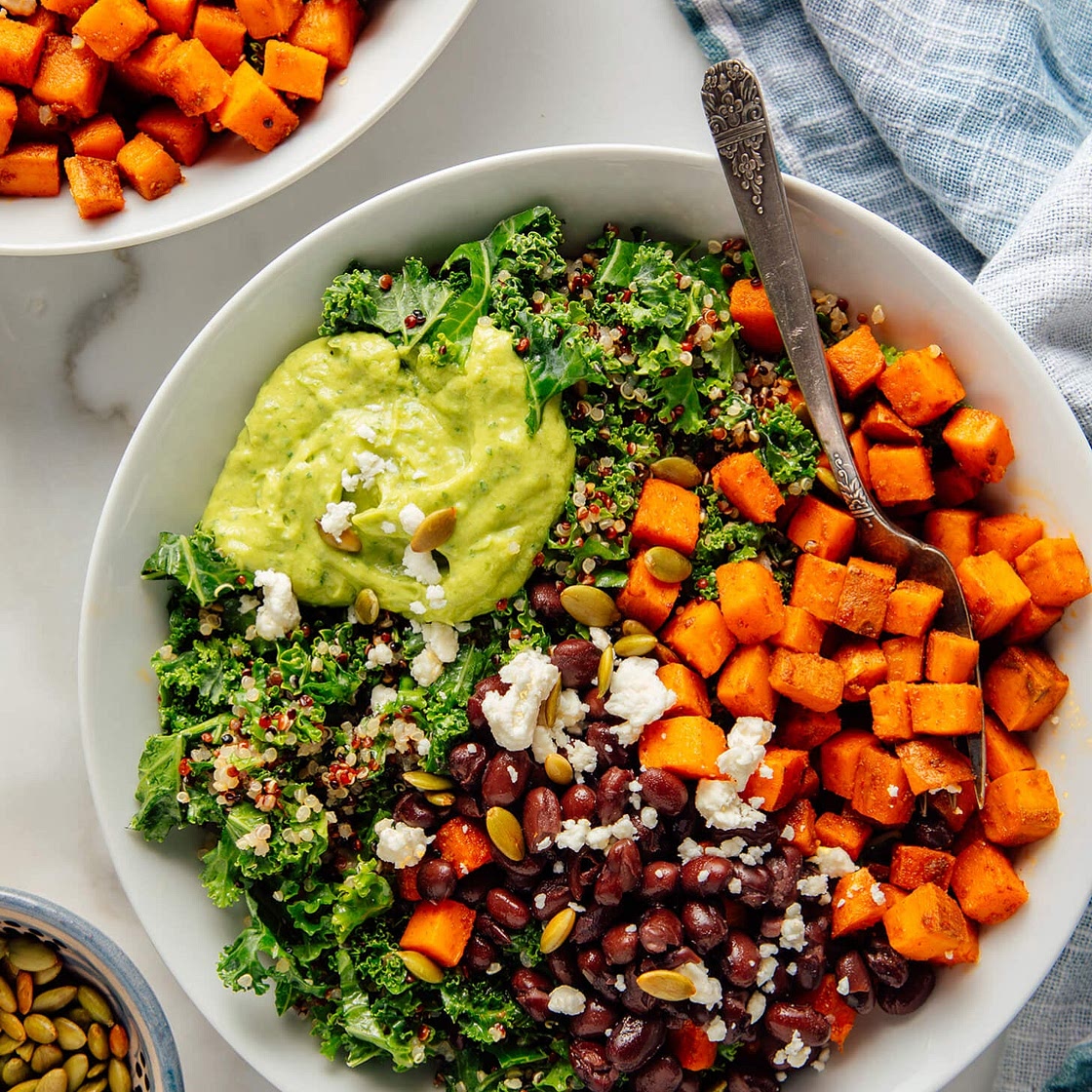 Southwestern Kale Power Salad with Sweet Potato, Quinoa & Avocado Sauce