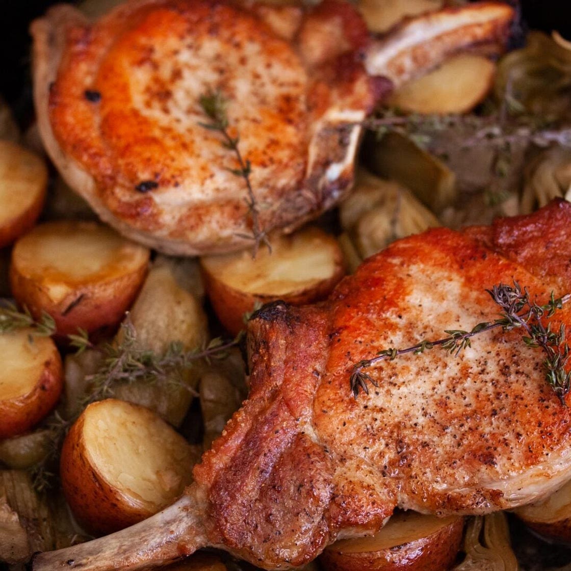Roast Pork Chops with Artichokes and Potatoes