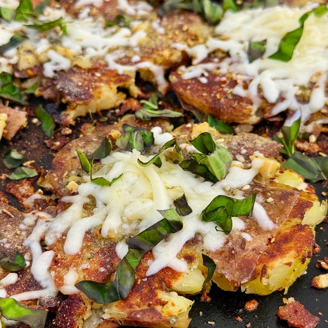 Blackstone Cheesy Pesto Smashed Potatoes