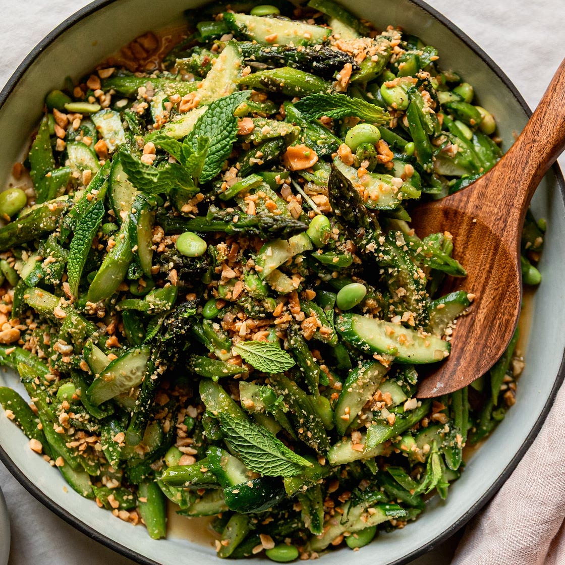 Crunchy Roasted Asparagus Salad with Ginger Lime Dressing & Peanuts (Vegan)