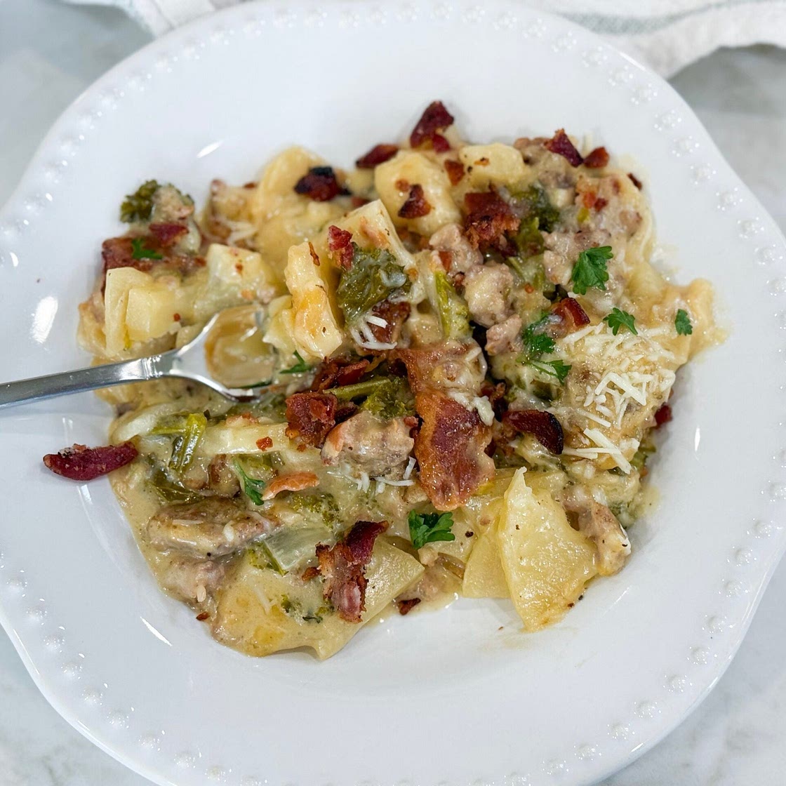 Zuppa Toscana Casserole | Creamy Sausage, Potato & Kale Bake
