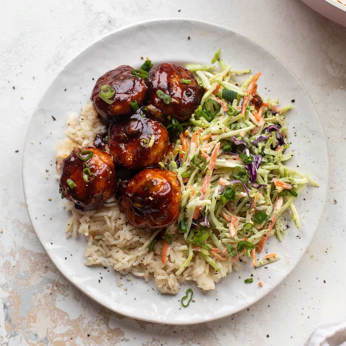 Sticky BBQ Chicken Meatballs with Broccoli Slaw
