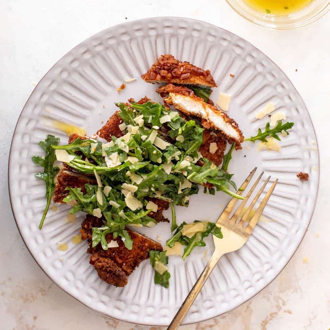 Pretzel Crusted Chicken with Honey Mustard Arugula