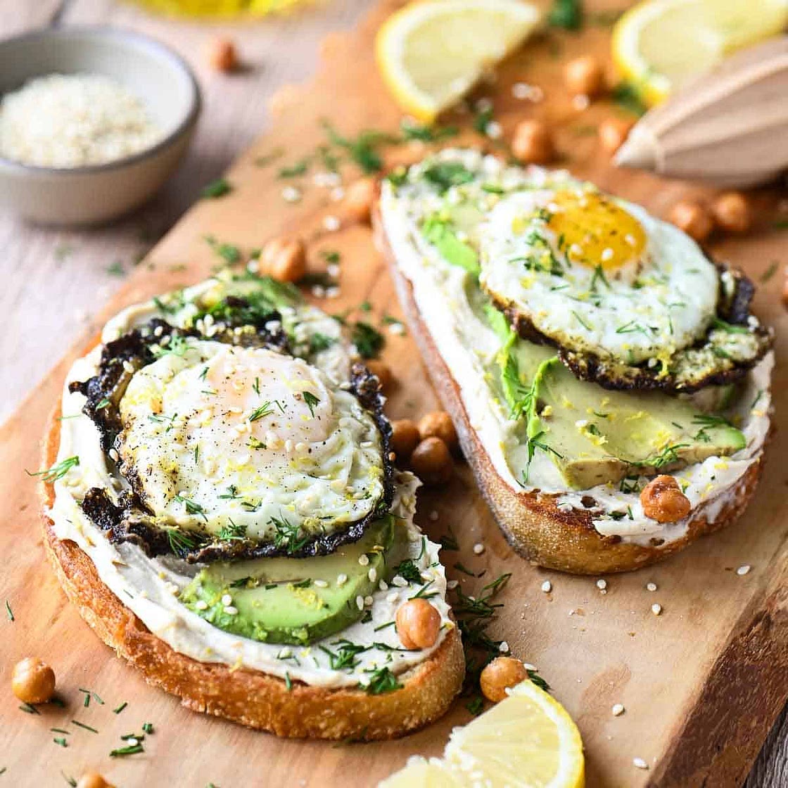 Hummus Toast with Za’atar Eggs, Avocado, and Dill