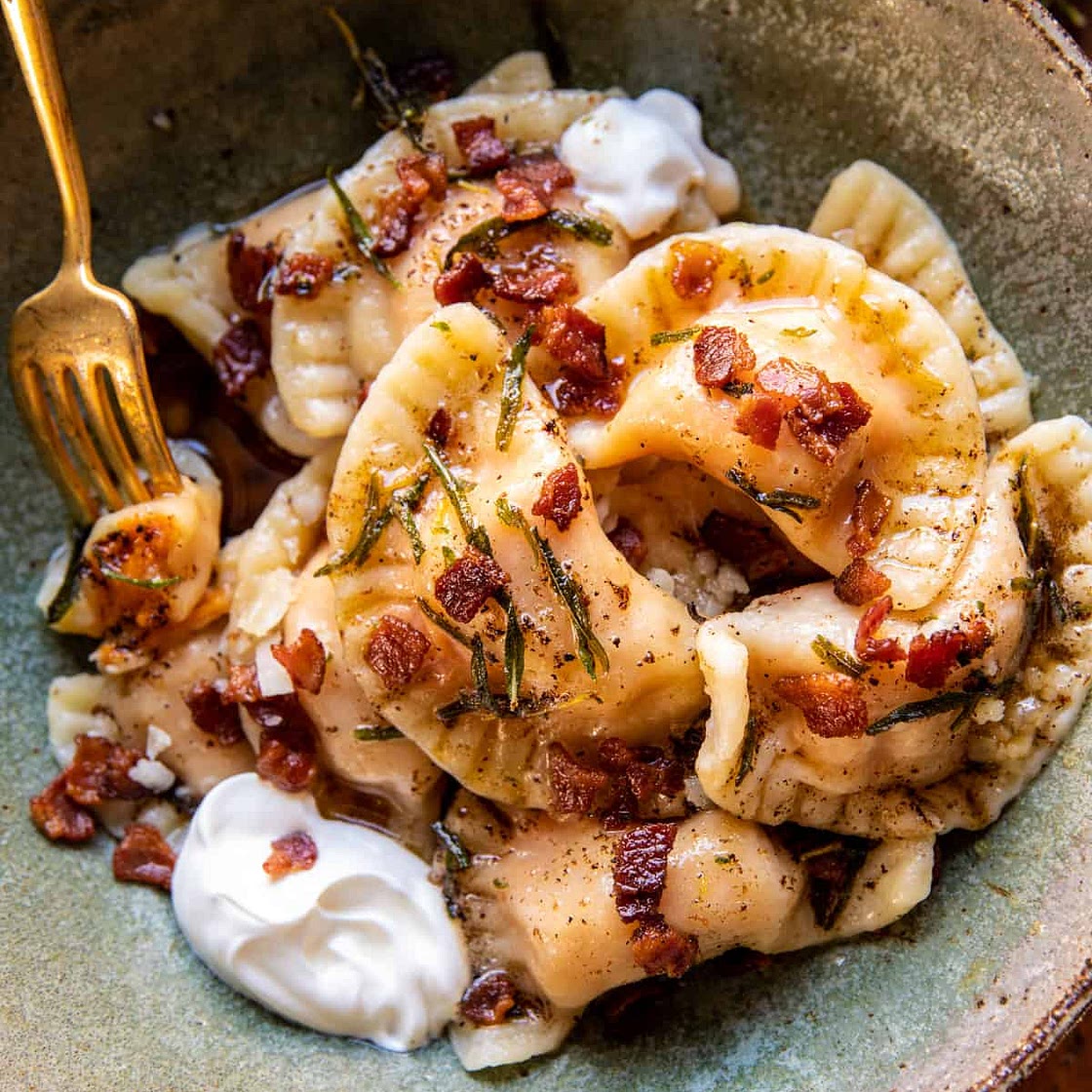 Sweet Potato Cheddar Pierogi with Bacon Bits