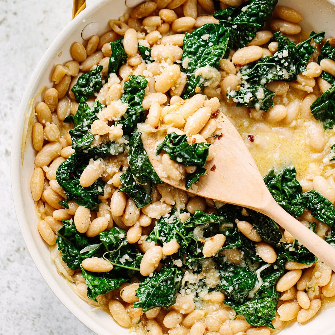 Creamy Skillet White Beans with Greens and Parmesan