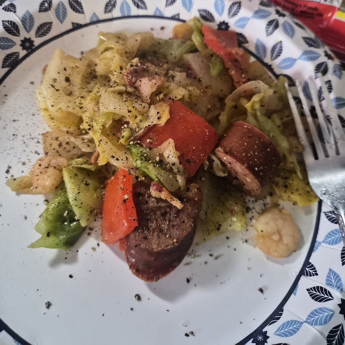 Southern Fried Bacon, Shrimp & Sausage Cabbage