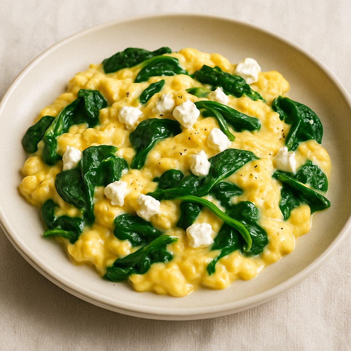 Soft Scrambled Eggs with Spinach & Feta