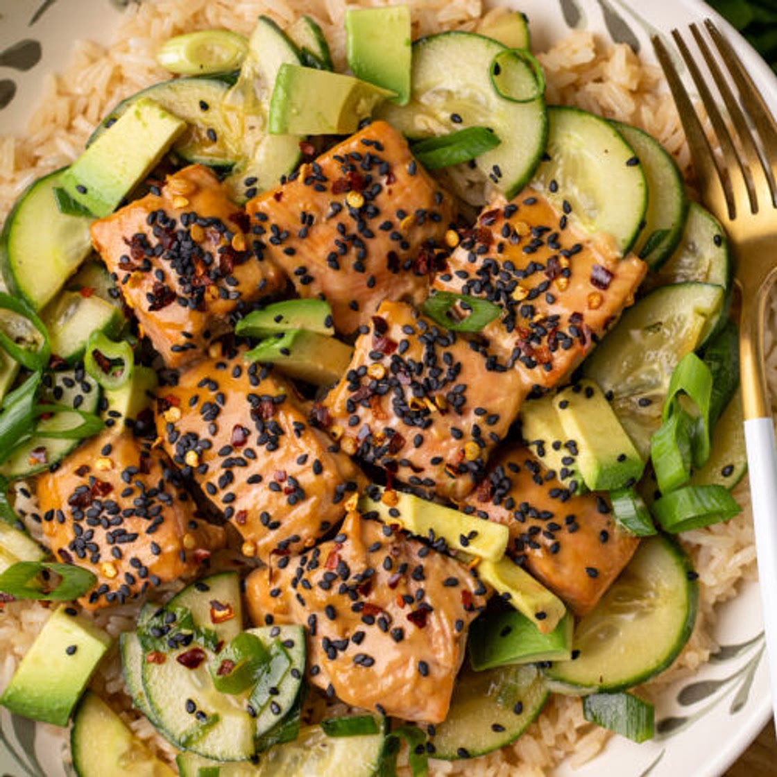 Sesame Salmon Bites with Cucumber Salad